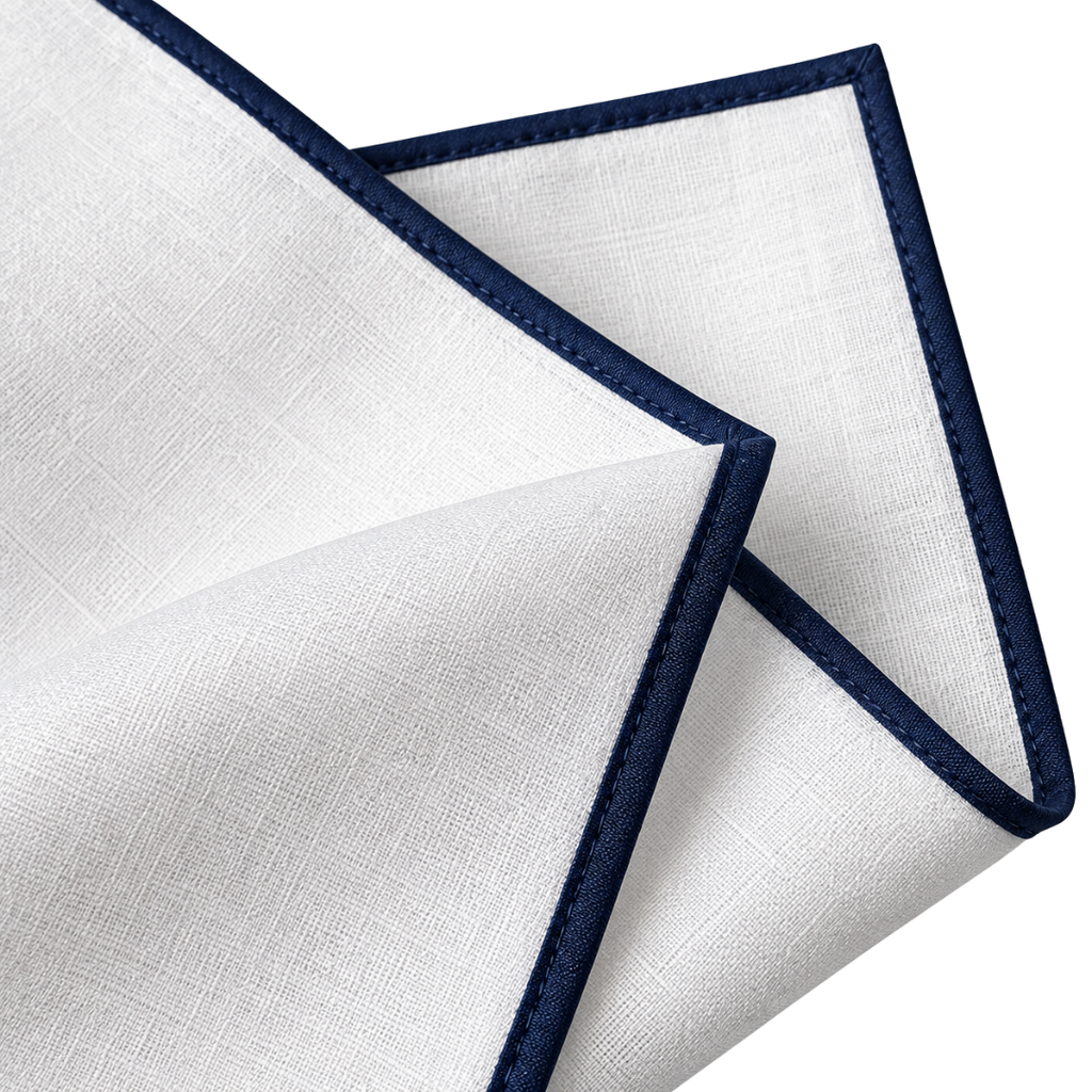 Premium White Pocket Square with Navy Border | ERKEUBY