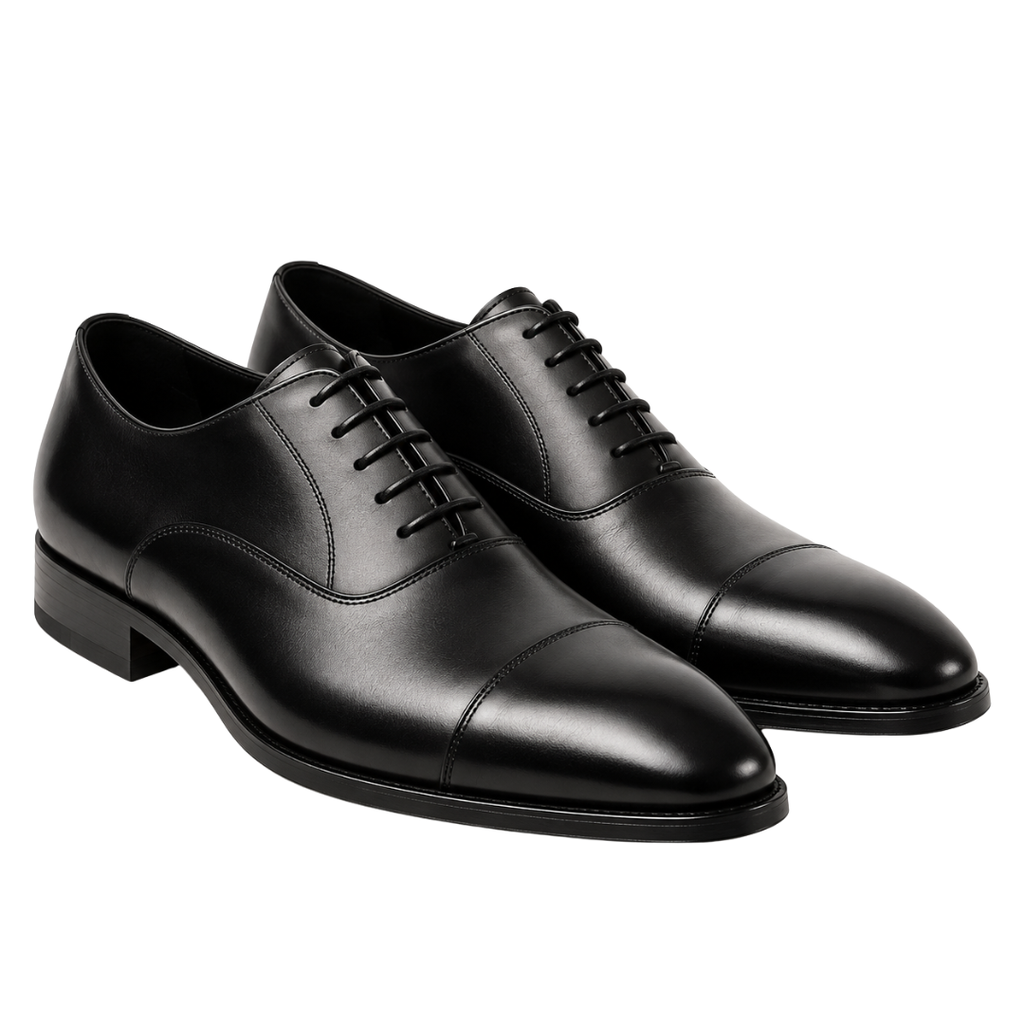 Polished Black Leather Cap-Toe Oxford Shoes | ERKEUBY
